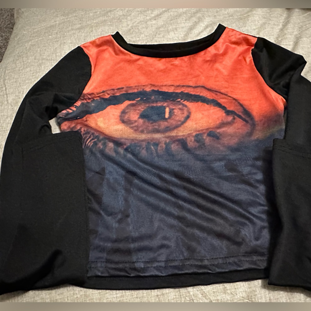 Y2K Eye Print Crop T-Shirt, Casual Crew Neck Long Sleeve T-shirt